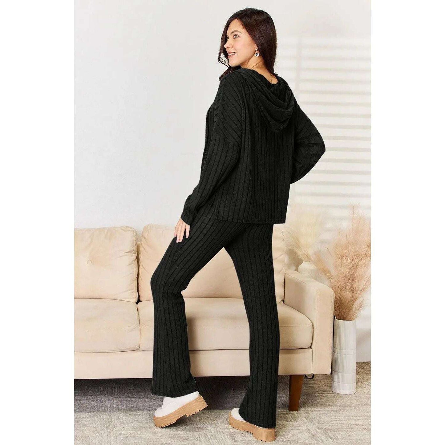 Basic Bae Full Size Ribbed Drawstring Hooded Top and Straight Pants Set - MaribelaShop2