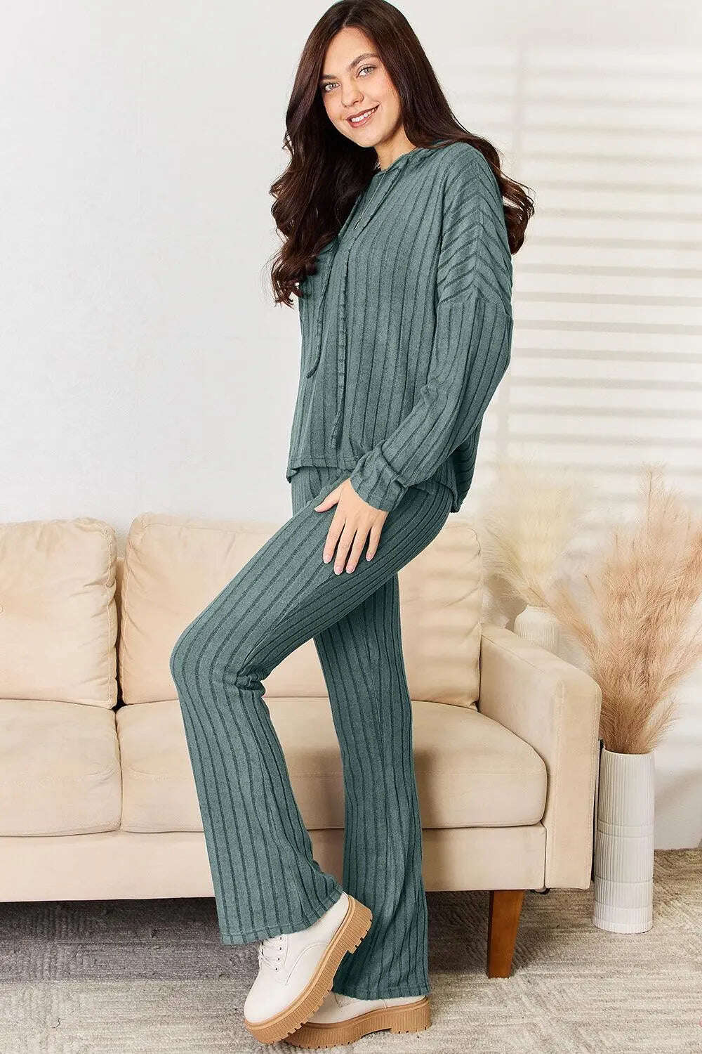 Basic Bae Full Size Ribbed Drawstring Hooded Top and Straight Pants Set - MaribelaShop2