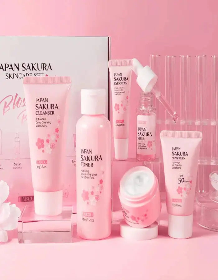 Cherry Blossom Skincare Set – 6pcs - MaribelaShop2 Rejuvenate your skin with this luxurious six-piece cherry blossom skincare set. Designed to cleanse, hydrate, and nourish, this set includes everything you need for a complete skincare routine. Infused with cherry blossom extract, it helps brighten the skin, leaving it soft, smooth, and refreshed.Product information:Category Facial Care Suit