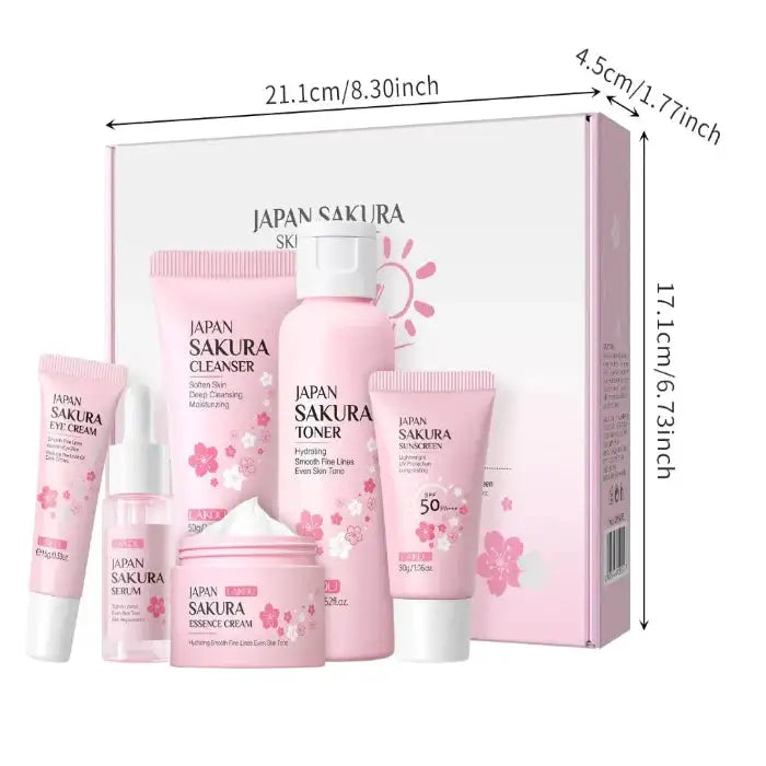 Cherry Blossom Skincare Set – 6pcs - MaribelaShop2 Rejuvenate your skin with this luxurious six-piece cherry blossom skincare set. Designed to cleanse, hydrate, and nourish, this set includes everything you need for a complete skincare routine. Infused with cherry blossom extract, it helps brighten the skin, leaving it soft, smooth, and refreshed.Product information:Category Facial Care Suit