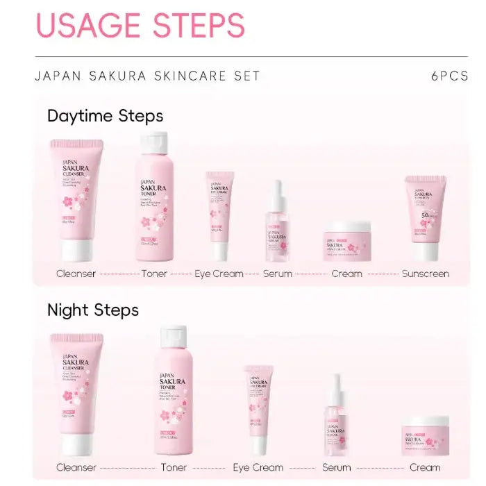 Cherry Blossom Skincare Set – 6pcs - MaribelaShop2 Rejuvenate your skin with this luxurious six-piece cherry blossom skincare set. Designed to cleanse, hydrate, and nourish, this set includes everything you need for a complete skincare routine. Infused with cherry blossom extract, it helps brighten the skin, leaving it soft, smooth, and refreshed.Product information:Category Facial Care Suit