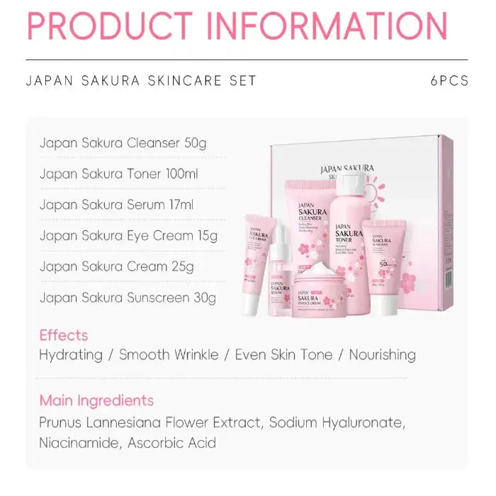 Cherry Blossom Skincare Set – 6pcs - MaribelaShop2 Rejuvenate your skin with this luxurious six-piece cherry blossom skincare set. Designed to cleanse, hydrate, and nourish, this set includes everything you need for a complete skincare routine. Infused with cherry blossom extract, it helps brighten the skin, leaving it soft, smooth, and refreshed.Product information:Category Facial Care Suit