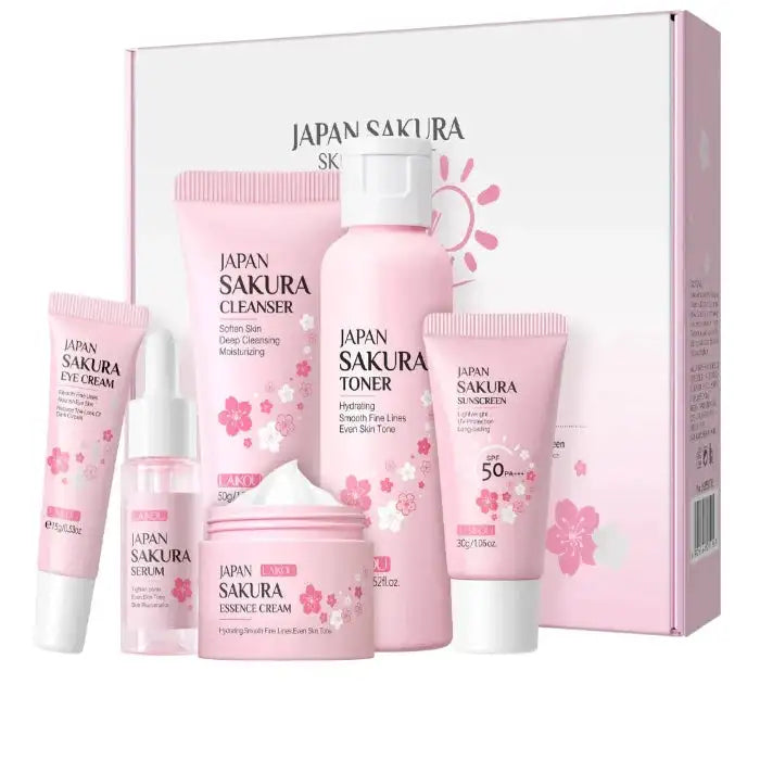 Cherry Blossom Skincare Set – 6pcs - MaribelaShop2 Rejuvenate your skin with this luxurious six-piece cherry blossom skincare set. Designed to cleanse, hydrate, and nourish, this set includes everything you need for a complete skincare routine. Infused with cherry blossom extract, it helps brighten the skin, leaving it soft, smooth, and refreshed.Product information:Category Facial Care Suit
