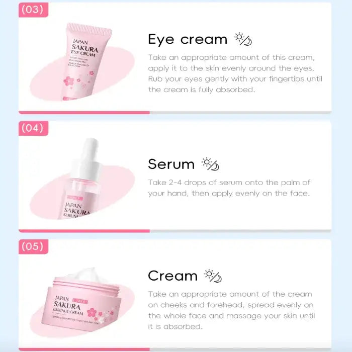 Cherry Blossom Skincare Set – 6pcs - MaribelaShop2 Rejuvenate your skin with this luxurious six-piece cherry blossom skincare set. Designed to cleanse, hydrate, and nourish, this set includes everything you need for a complete skincare routine. Infused with cherry blossom extract, it helps brighten the skin, leaving it soft, smooth, and refreshed.Product information:Category Facial Care Suit