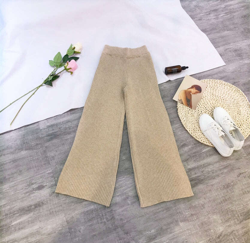 Women spring and winter korean Style loose casual high waist pendant knit wide leg pants women - MaribelaShop2