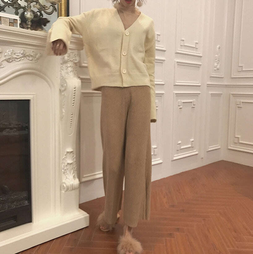 Women spring and winter korean Style loose casual high waist pendant knit wide leg pants women - MaribelaShop2