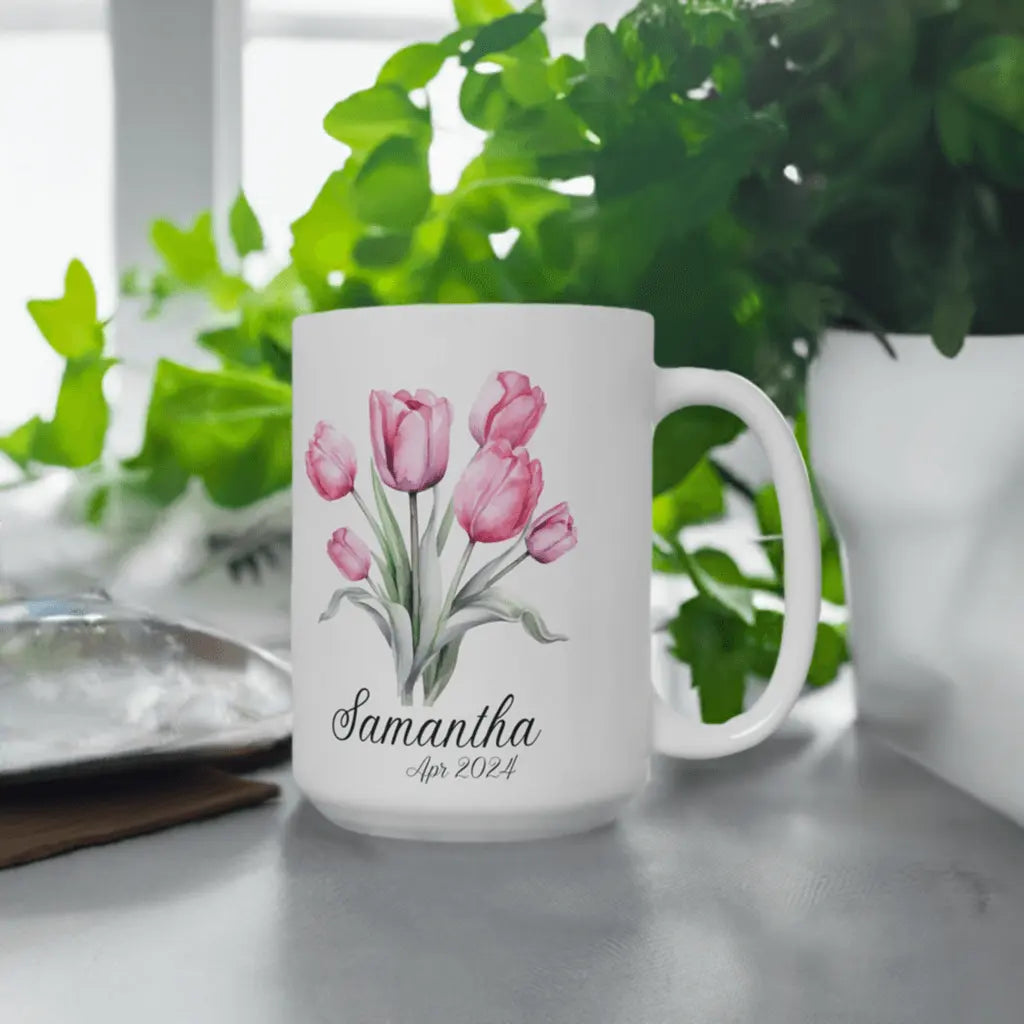Custom mug Coffee , Name & Flowers Design,Gift for Mom, Personalized Mug Perfect Gift,15oz - MaribelaShop2