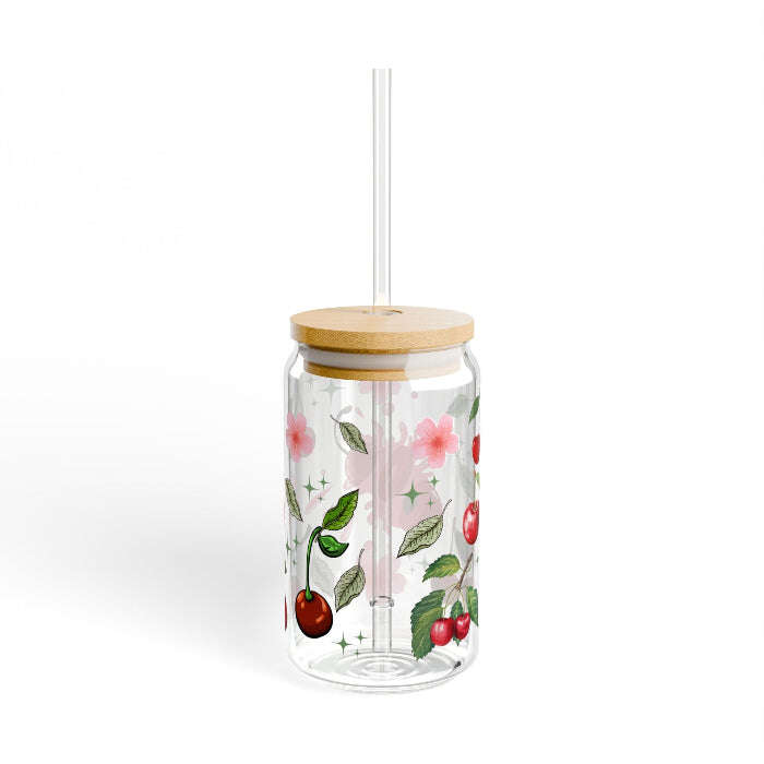 Cute Cherries Personalized 16oz Sipper Glass Can – Optional Lid & Straw Maribelashop2