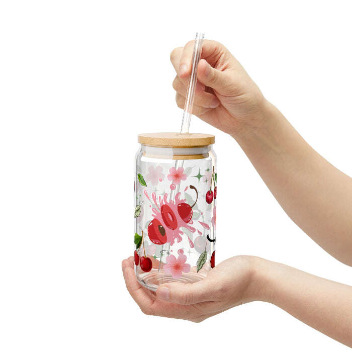 Cute Cherries Personalized 16oz Sipper Glass Can – Optional Lid & Straw Maribelashop2