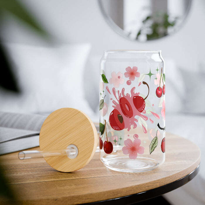 Cute Cherries Personalized 16oz Sipper Glass Can – Optional Lid & Straw Maribelashop2