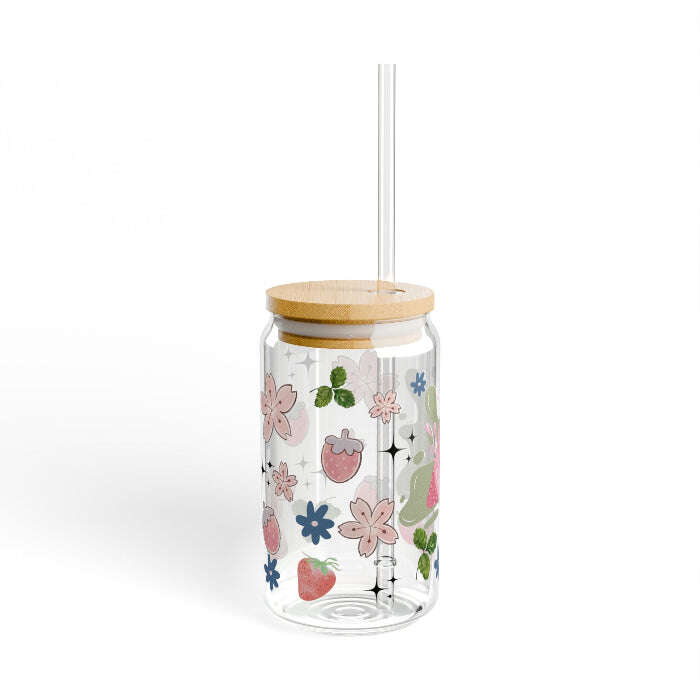 Cute Strawberry Glass Sipper with Bamboo Lid – 16oz Maribelashop2
