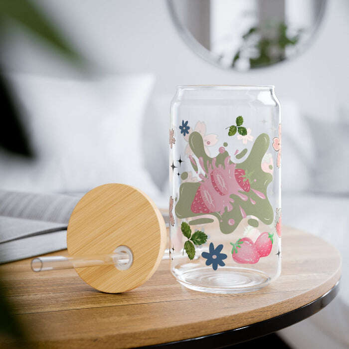 Cute Strawberry Glass Sipper with Bamboo Lid – 16oz Maribelashop2