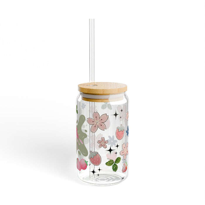 Cute Strawberry Glass Sipper with Bamboo Lid – 16oz Maribelashop2
