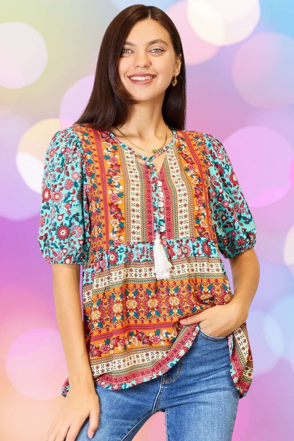 Double Take Bohemian Tassel Tie Puff Sleeve Babydoll Blouse - MaribelaShop2