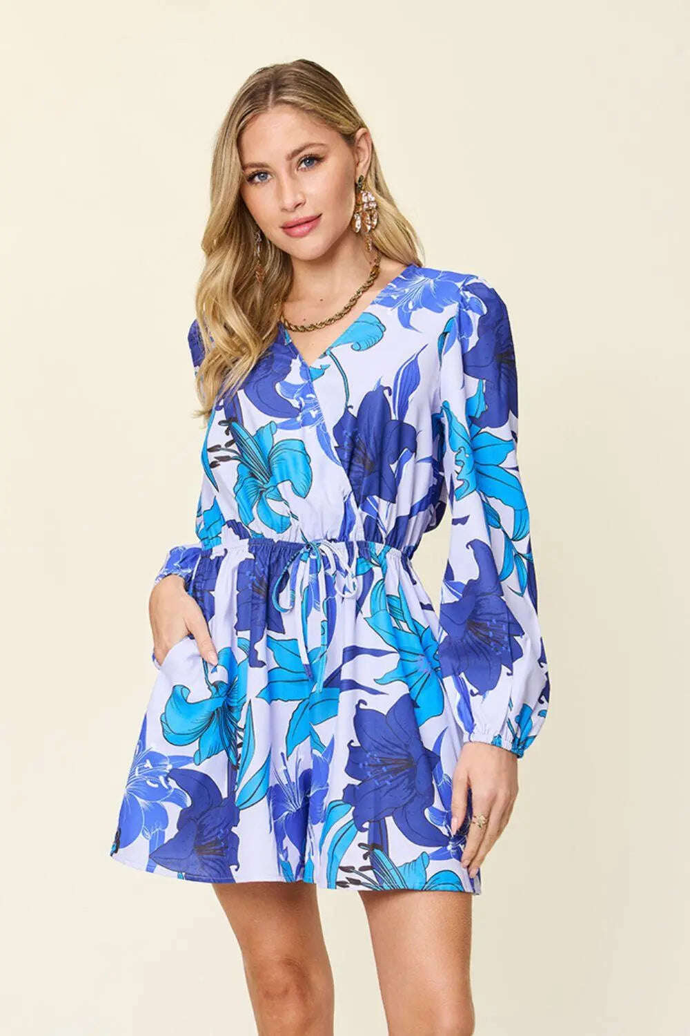 Double Take Full Size Floral Long Sleeve Romper with Pockets - MaribelaShop2