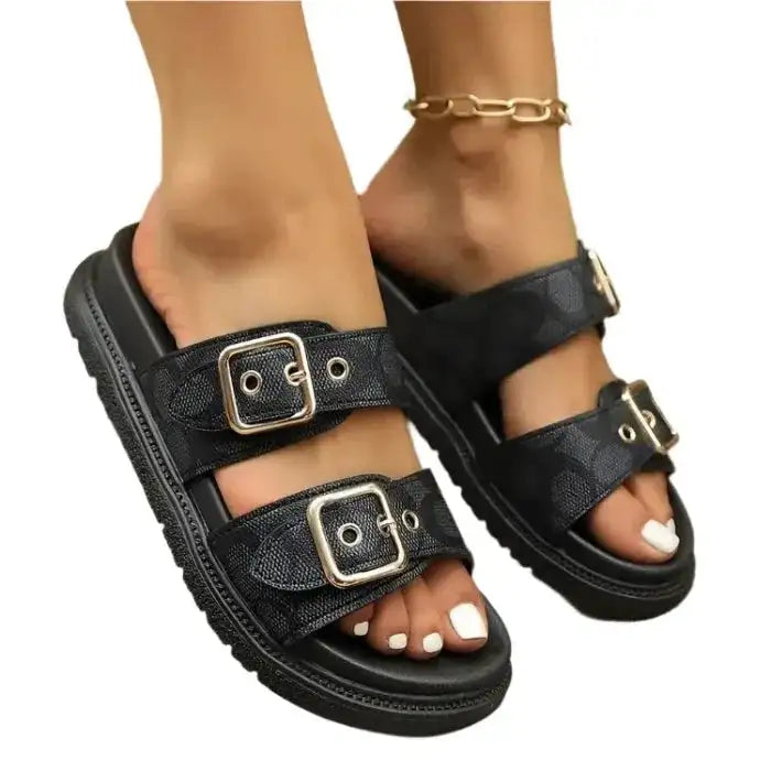 Fashion Open Toe Double Buckle Flat Sandals - MaribelaShop2