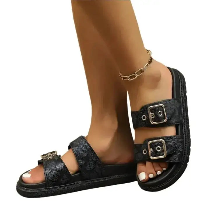 Fashion Open Toe Double Buckle Flat Sandals - MaribelaShop2