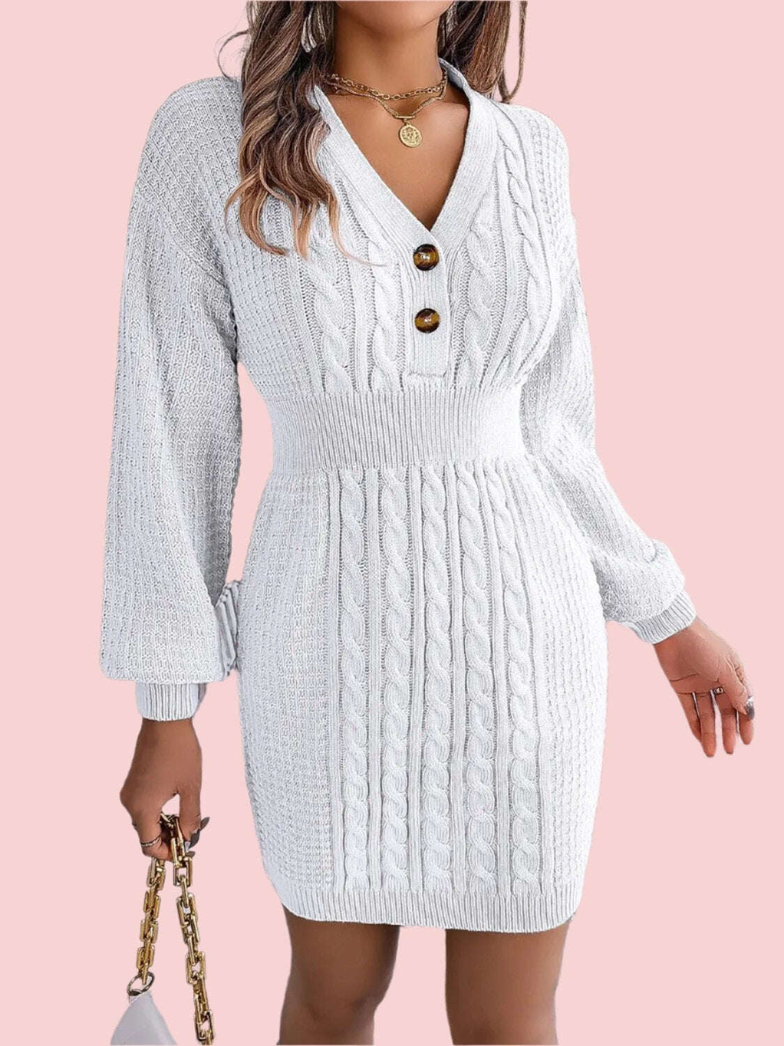 Fashion Women Dress, Buttoned Cable-Knit V-Neck Sweater Dress,Women Dress Wedding - MaribelaShop2