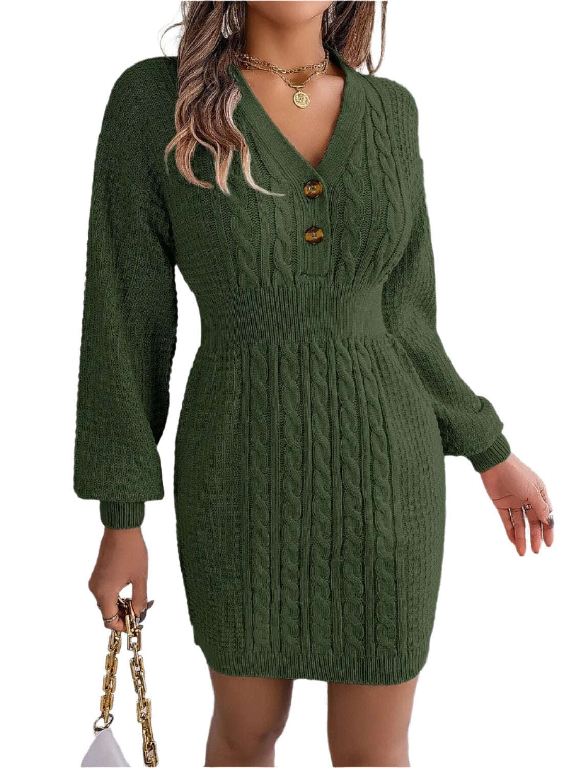 Fashion Women Dress, Buttoned Cable-Knit V-Neck Sweater Dress,Women Dress Wedding - MaribelaShop2