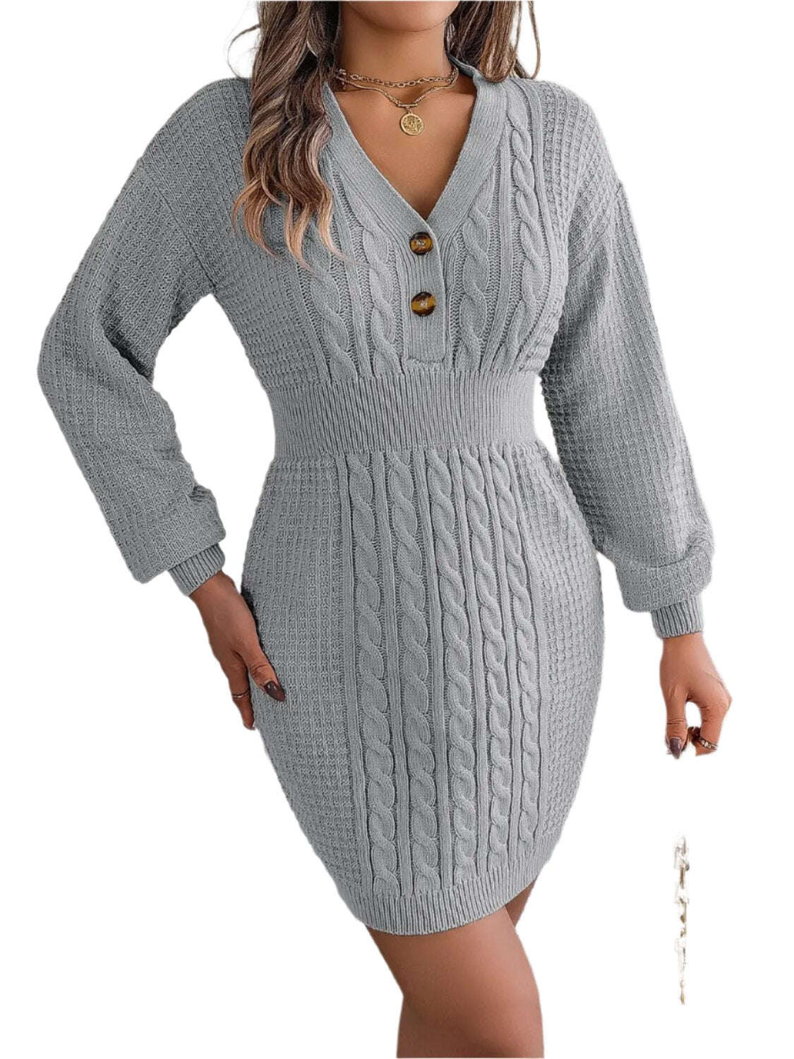 Fashion Women Dress, Buttoned Cable-Knit V-Neck Sweater Dress,Women Dress Wedding - MaribelaShop2