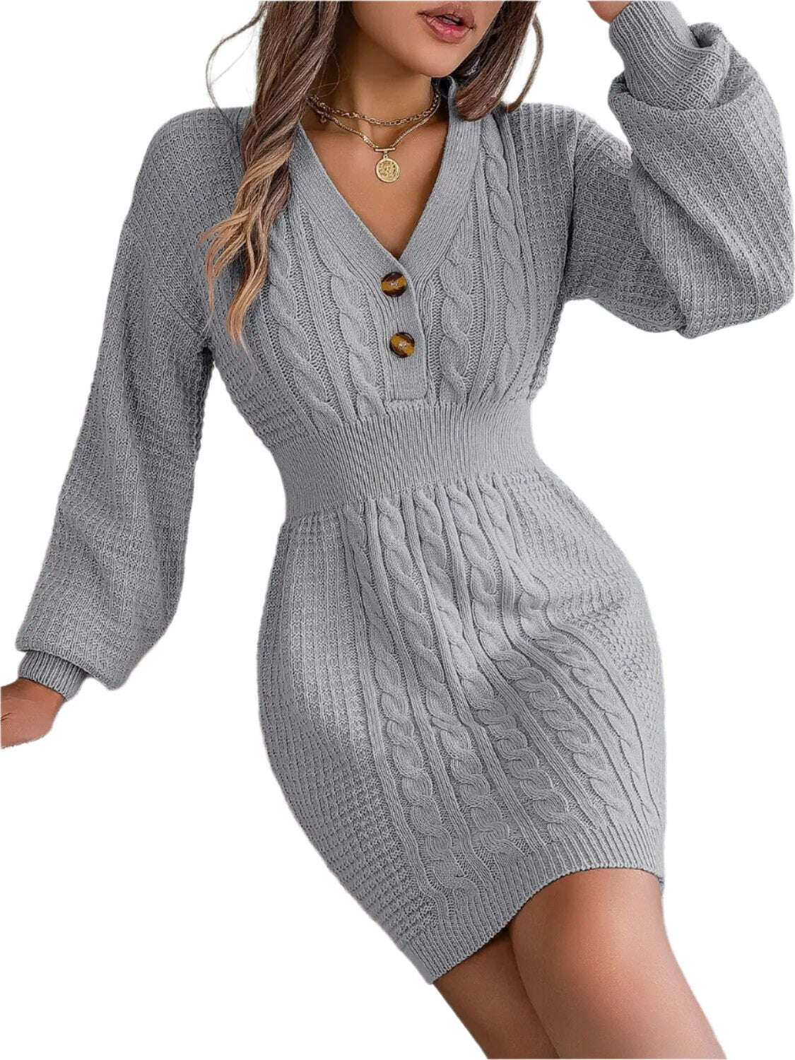 Fashion Women Dress, Buttoned Cable-Knit V-Neck Sweater Dress,Women Dress Wedding - MaribelaShop2