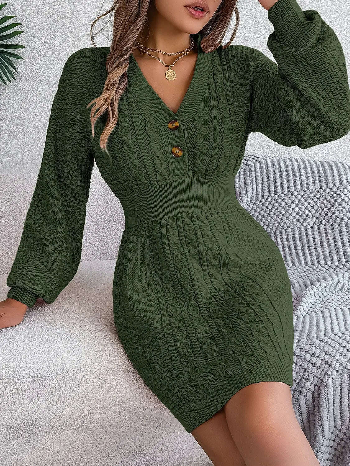 Fashion Women Dress, Buttoned Cable-Knit V-Neck Sweater Dress,Women Dress Wedding - MaribelaShop2