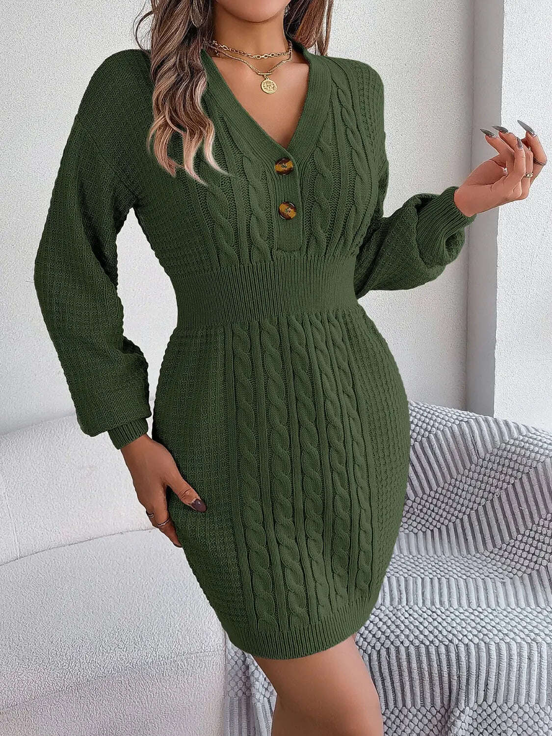 Fashion Women Dress, Buttoned Cable-Knit V-Neck Sweater Dress,Women Dress Wedding - MaribelaShop2