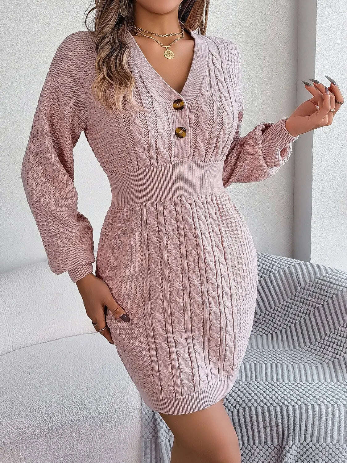 Fashion Women Dress, Buttoned Cable-Knit V-Neck Sweater Dress,Women Dress Wedding - MaribelaShop2