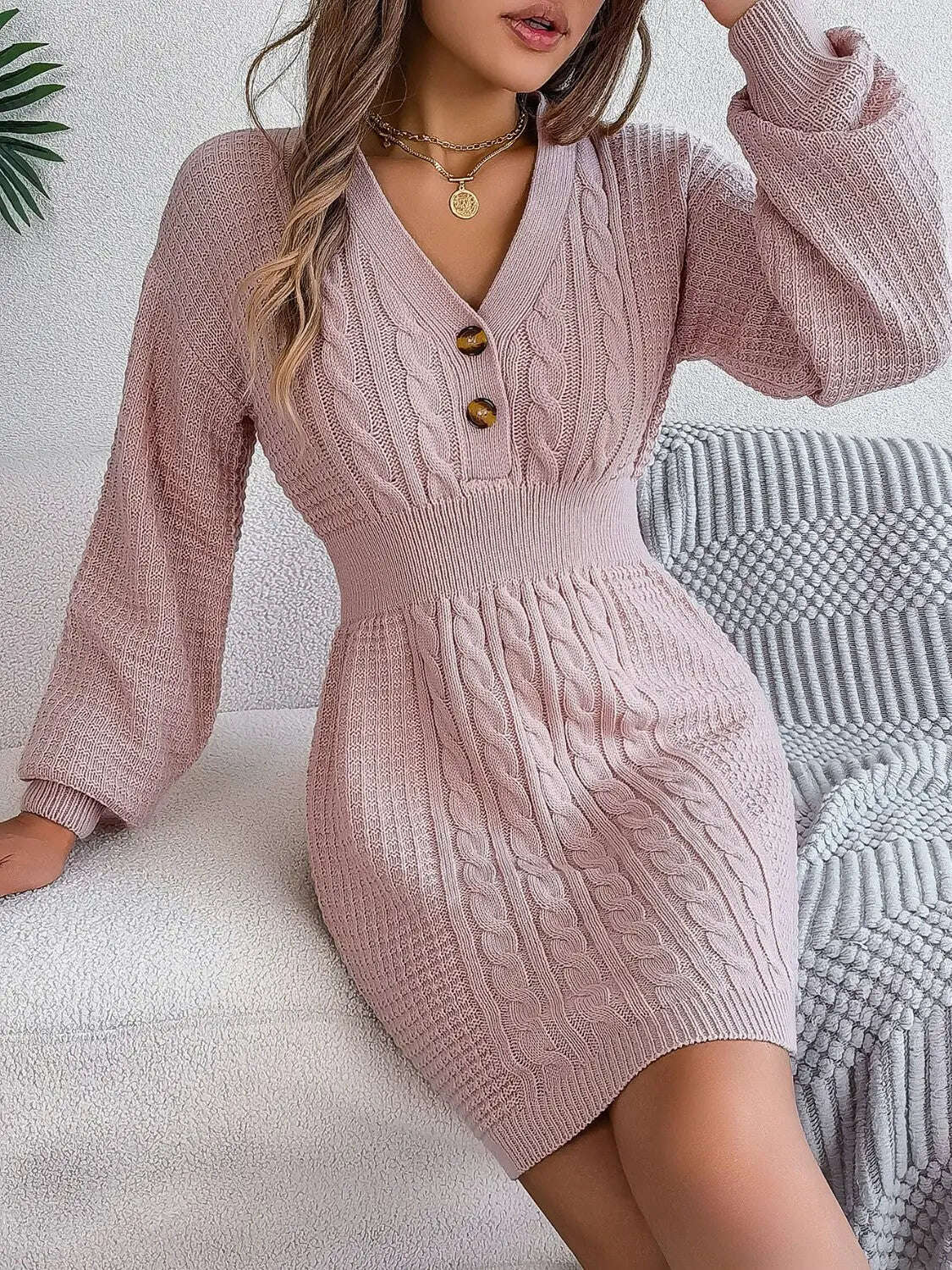 Fashion Women Dress, Buttoned Cable-Knit V-Neck Sweater Dress,Women Dress Wedding - MaribelaShop2