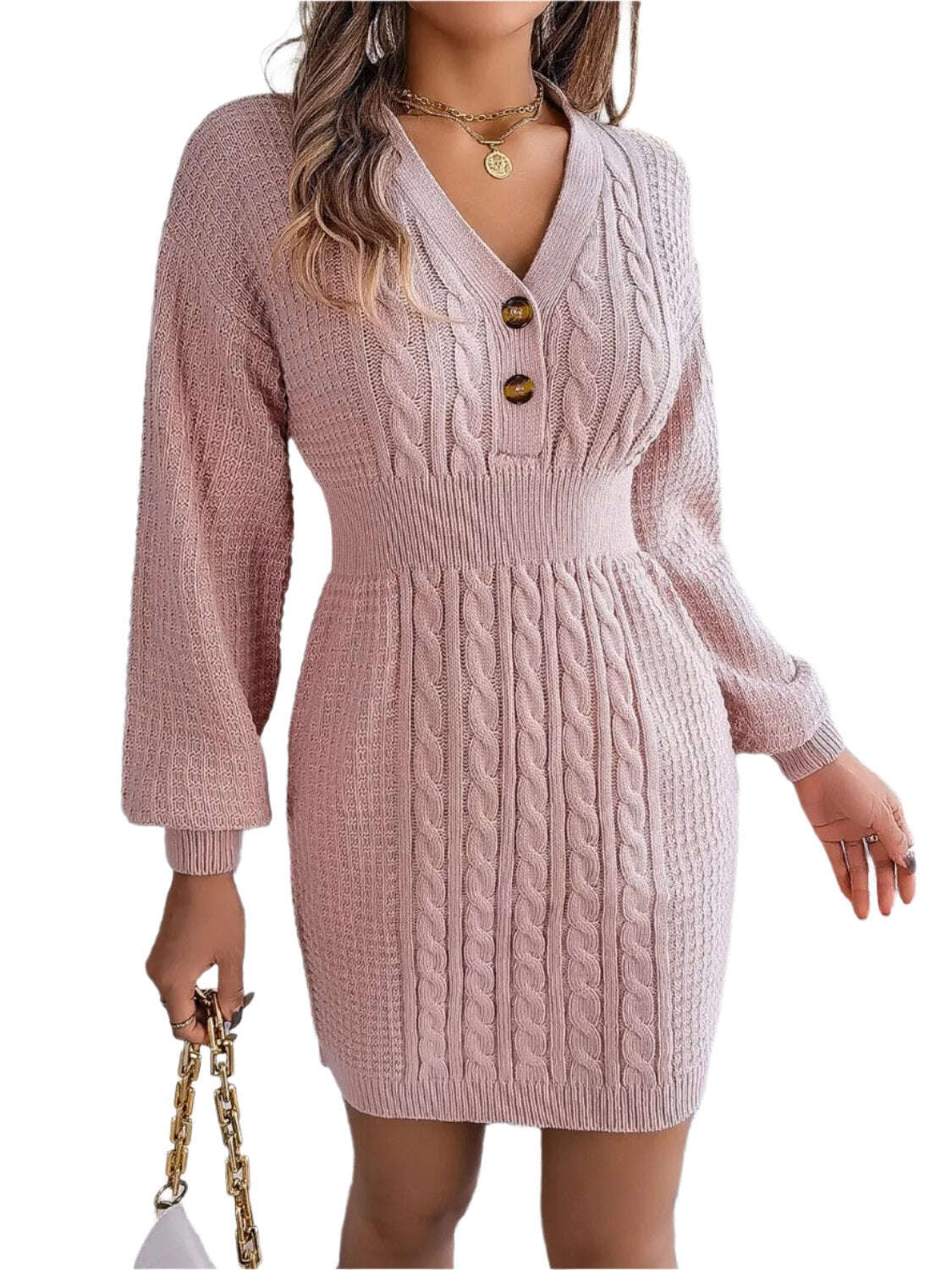 Fashion Women Dress, Buttoned Cable-Knit V-Neck Sweater Dress,Women Dress Wedding - MaribelaShop2