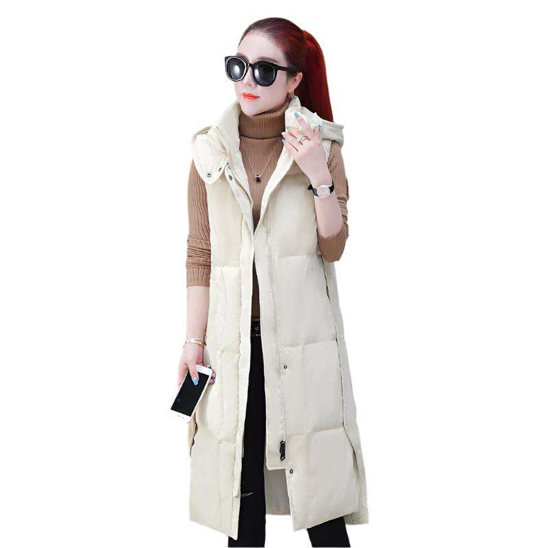 Long over-the-knee down cotton vest with thick solid color plus size vest with hood - MaribelaShop2