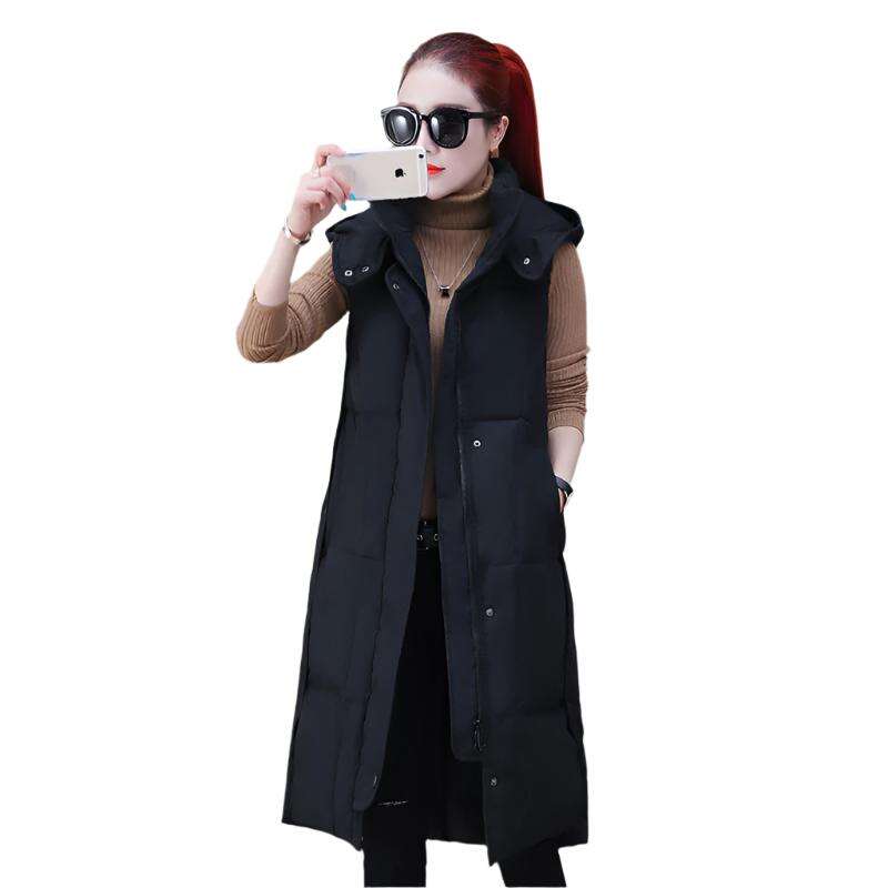 Long over-the-knee down cotton vest with thick solid color plus size vest with hood - MaribelaShop2