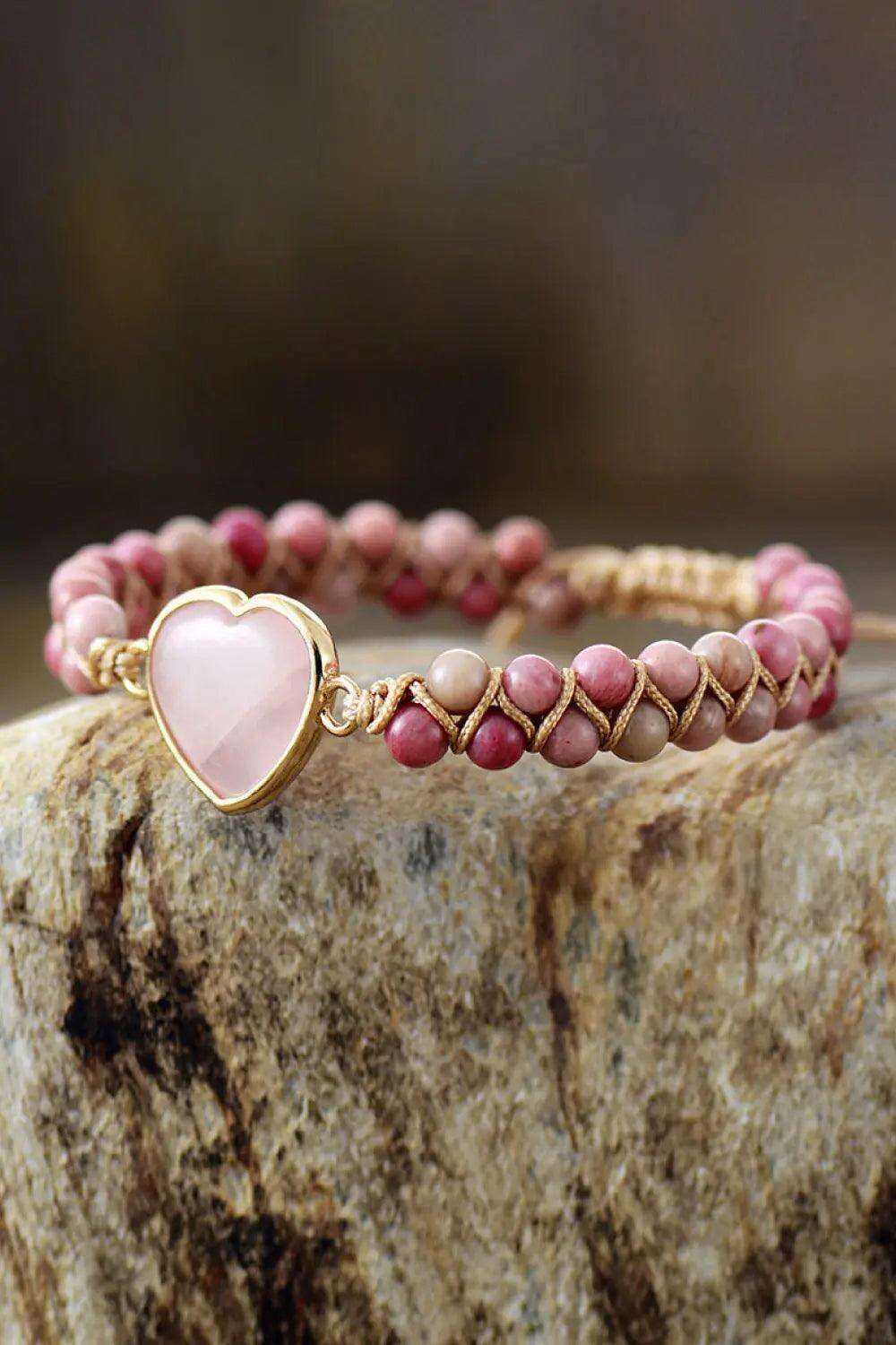 Rose Quartz Heart Beaded Bracelet - MaribelaShop2