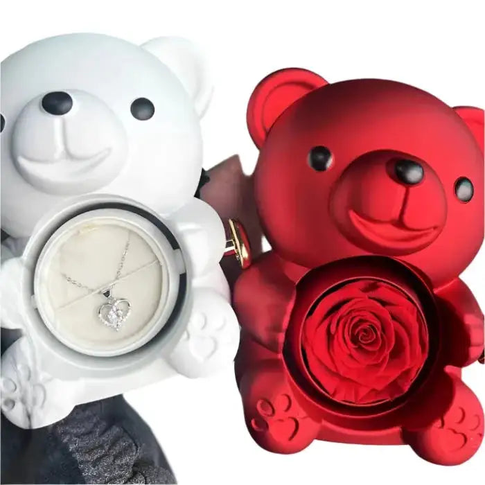 Romantic Teddy Red Bear With Preserved Rose Real Rose in Elegant Box - MaribelaShop2 This beautifully crafted jewelry box features a delightful bear design that rotates, revealing a compartment adorned with exquisite roses. Perfect for storing small treasures or as a decorative keepsake, this box makes an ideal gift for special occasions like birthdays, anniversaries, or Valentineās Day. Its compact design and intricate details ensure itās a standout piece that brings joy and elegance to any space.(Zdr)