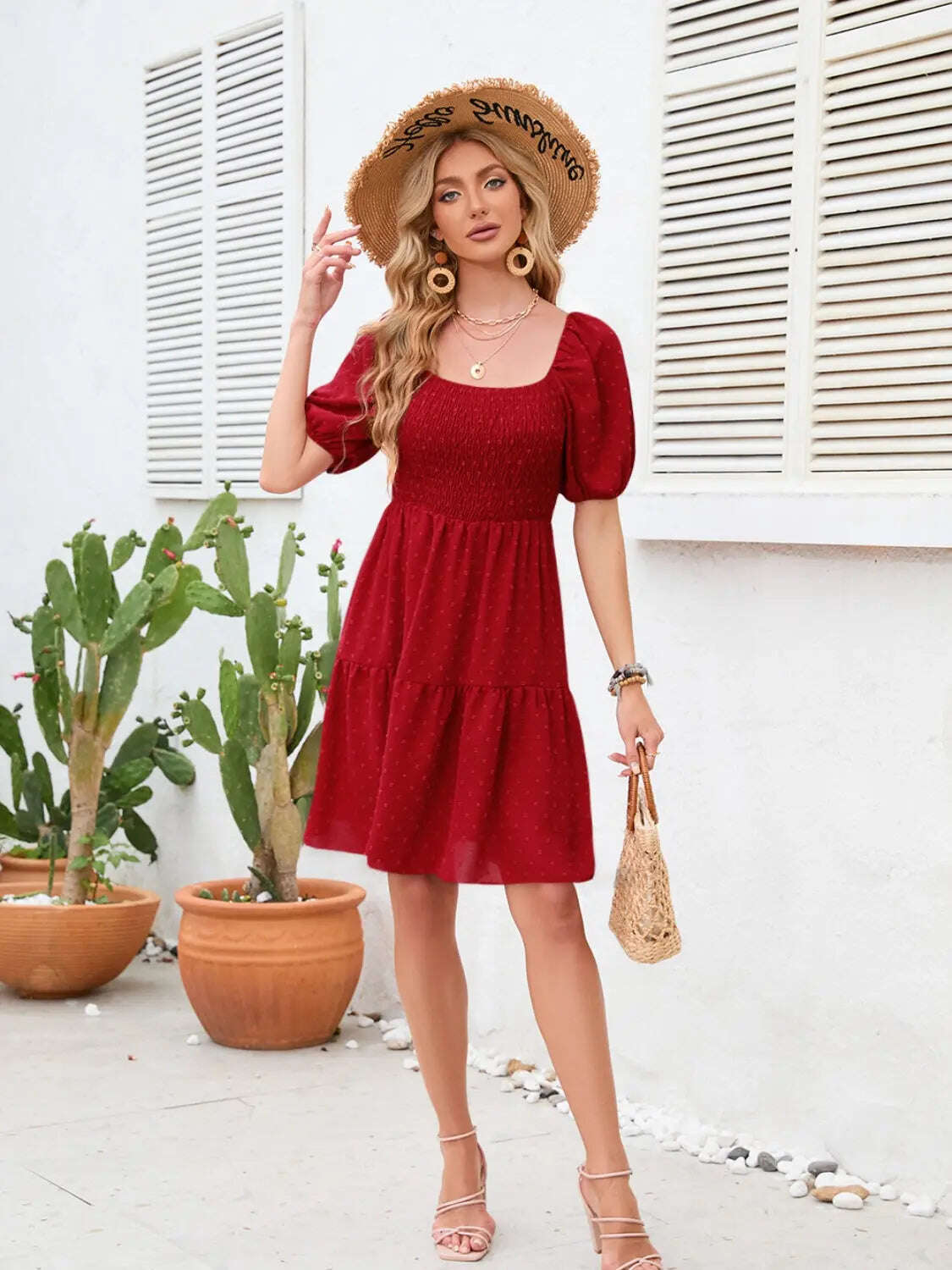 Swiss Dot Smocked Square Neck Dress, Women dress for summer. - MaribelaShop2