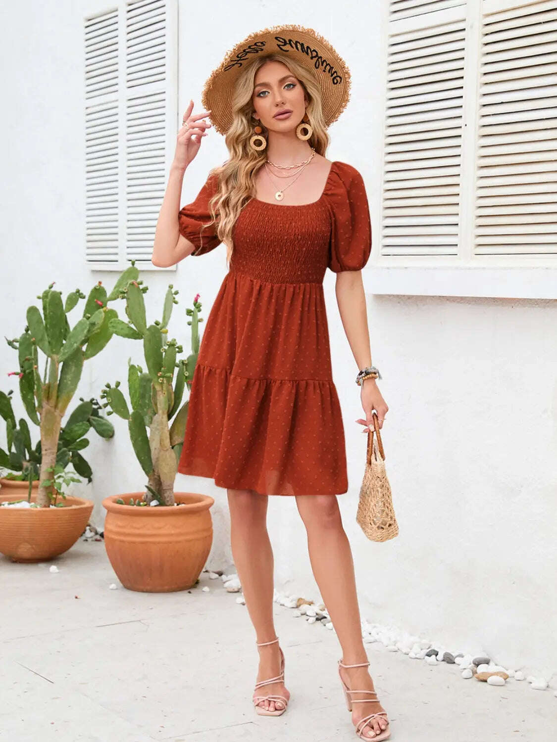 Swiss Dot Smocked Square Neck Dress, Women dress for summer. - MaribelaShop2