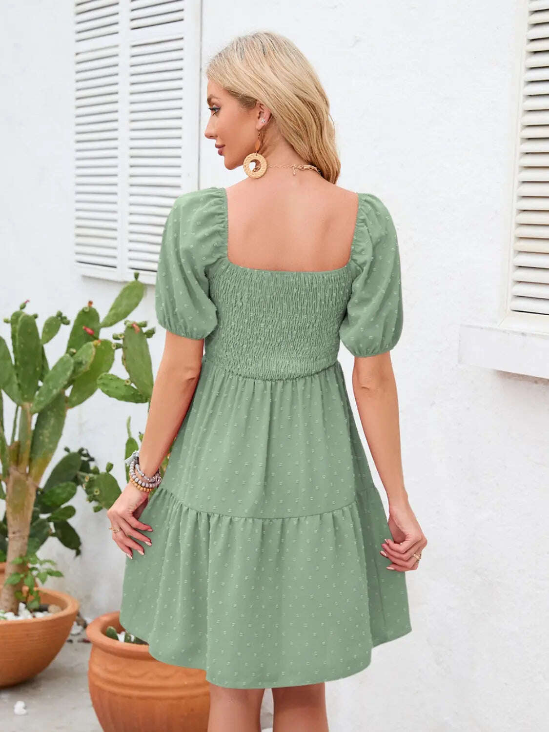 Swiss Dot Smocked Square Neck Dress, Women dress for summer. - MaribelaShop2