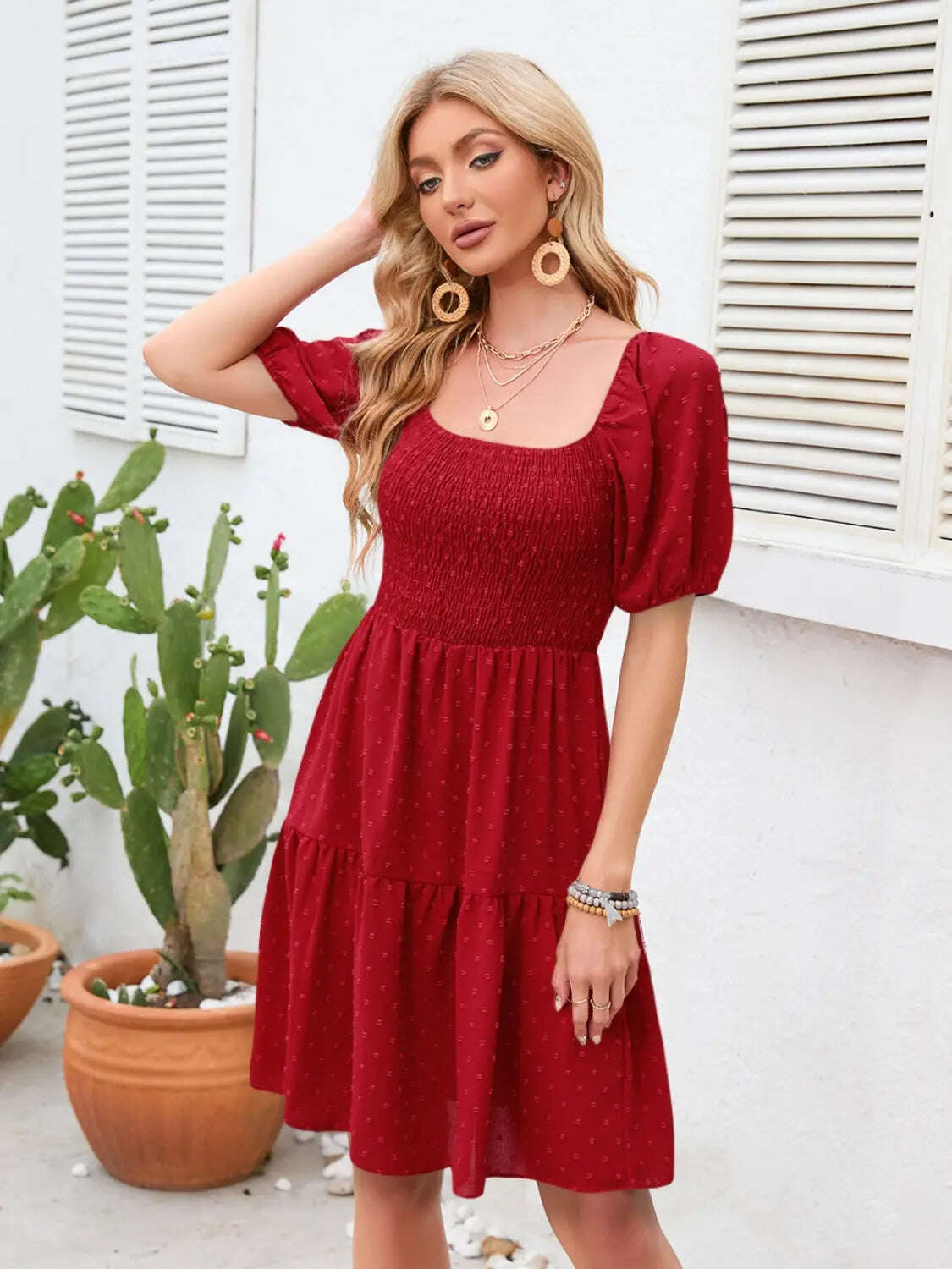 Swiss Dot Smocked Square Neck Dress, Women dress for summer. - MaribelaShop2