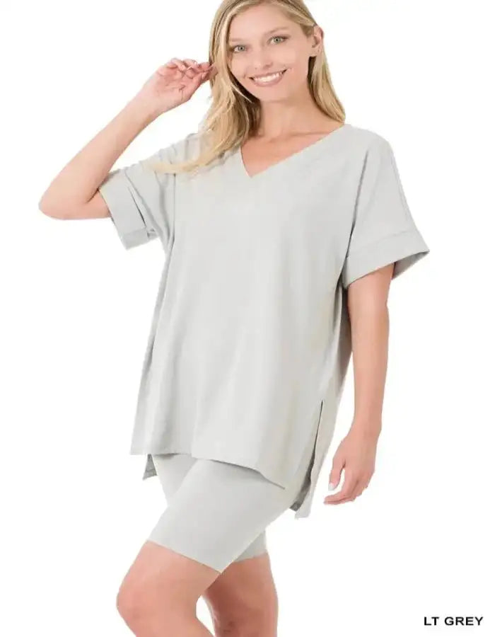 Women Brushed Dty, Microfiber Top & Biker Shorts Set, Color BONE - MaribelaShop2
