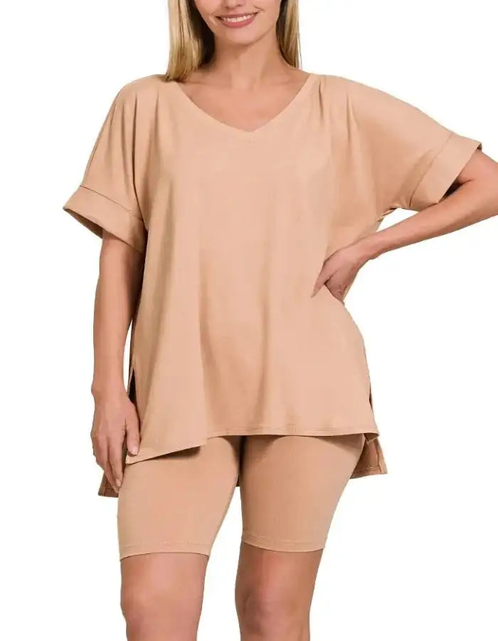 Women Brushed Dty, Microfiber Top & Biker Shorts Set, Color DK BRUSH - MaribelaShop2