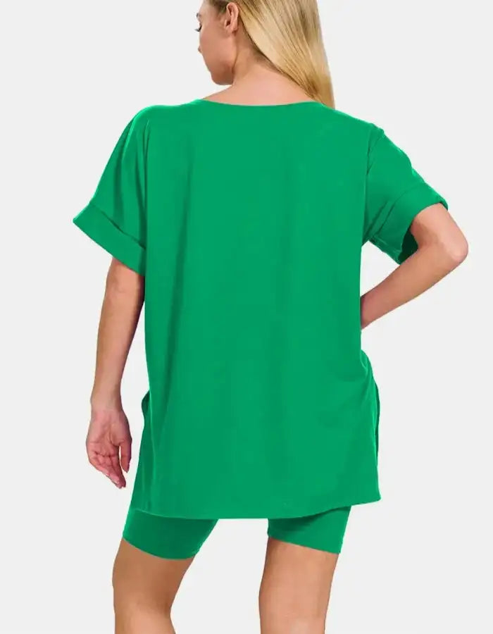 Women Brushed Dty, Microfiber Top & Biker Shorts Set, Color FOREST GREEN - MaribelaShop2