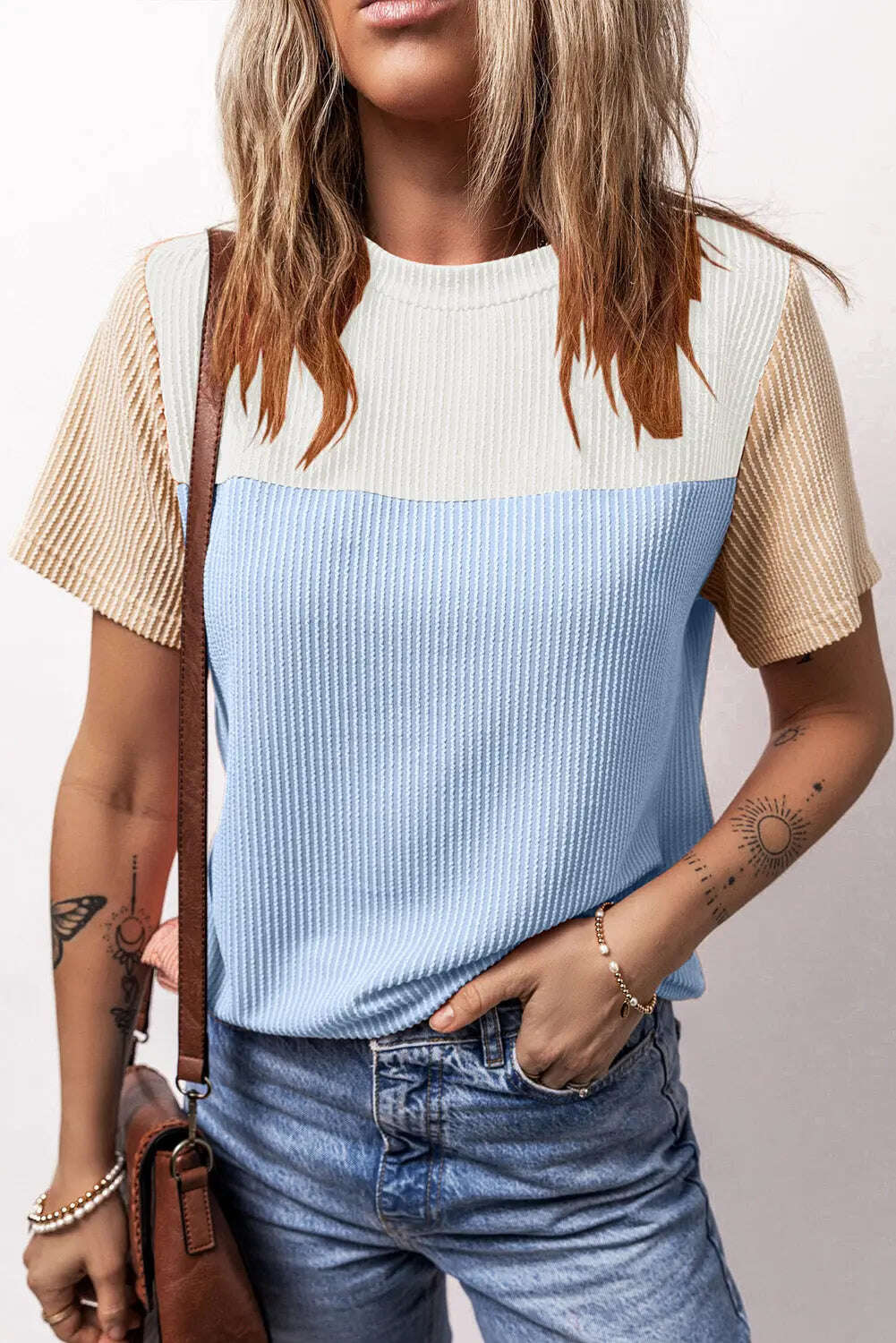 Women Color Block Fashion Short Sleeve Crewneck Knitted Spring Summer Casual Loose T Shirt Top,Short Sleeve T-Shirt - MaribelaShop2