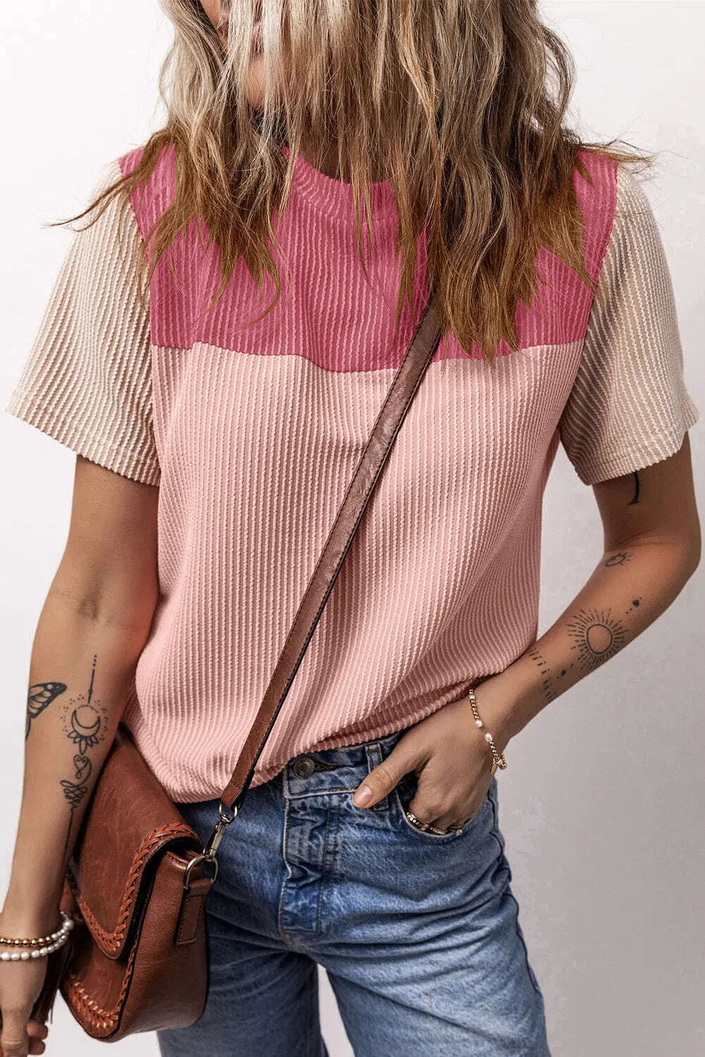 Women Color Block Fashion Short Sleeve Crewneck Knitted Spring Summer Casual Loose T Shirt Top,Short Sleeve T-Shirt - MaribelaShop2