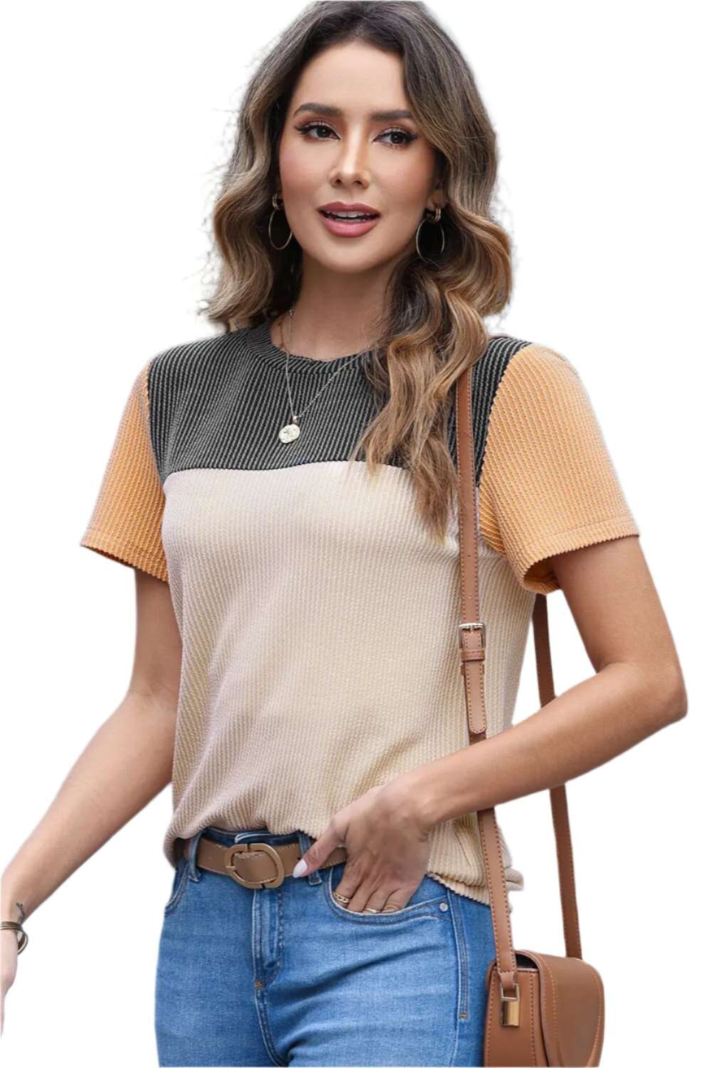 Women Color Block Fashion Short Sleeve Crewneck Knitted Spring Summer Casual Loose T Shirt Top,Short Sleeve T-Shirt - MaribelaShop2