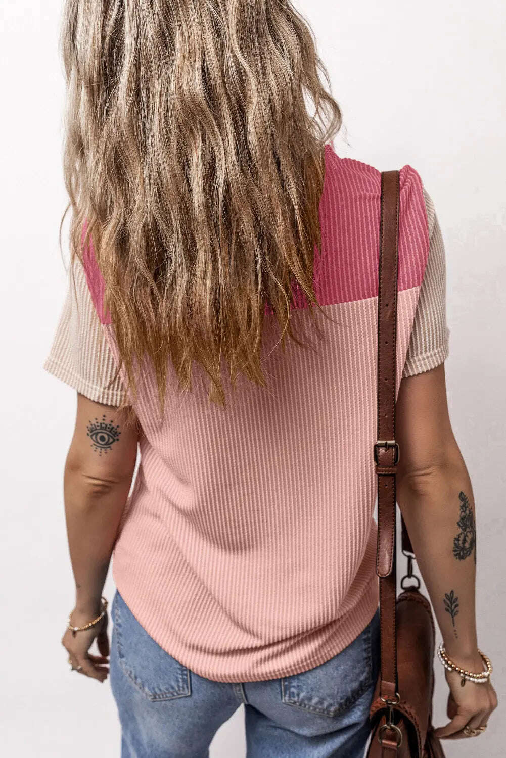 Women Color Block Fashion Short Sleeve Crewneck Knitted Spring Summer Casual Loose T Shirt Top,Short Sleeve T-Shirt - MaribelaShop2