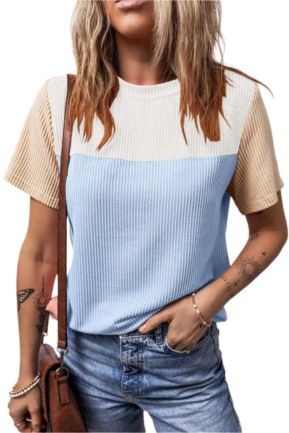 Women Color Block Fashion Short Sleeve Crewneck Knitted Spring Summer Casual Loose T Shirt Top,Short Sleeve T-Shirt - MaribelaShop2