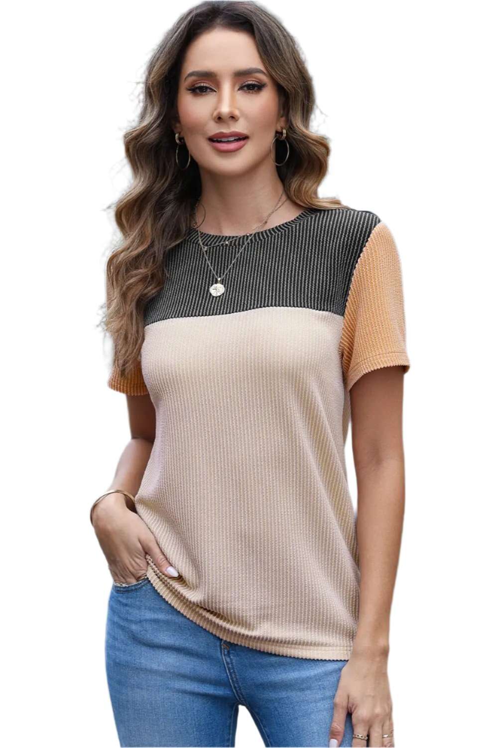 Women Color Block Fashion Short Sleeve Crewneck Knitted Spring Summer Casual Loose T Shirt Top,Short Sleeve T-Shirt - MaribelaShop2