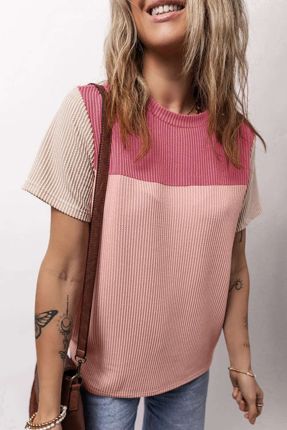 Women Color Block Fashion Short Sleeve Crewneck Knitted Spring Summer Casual Loose T Shirt Top,Short Sleeve T-Shirt - MaribelaShop2