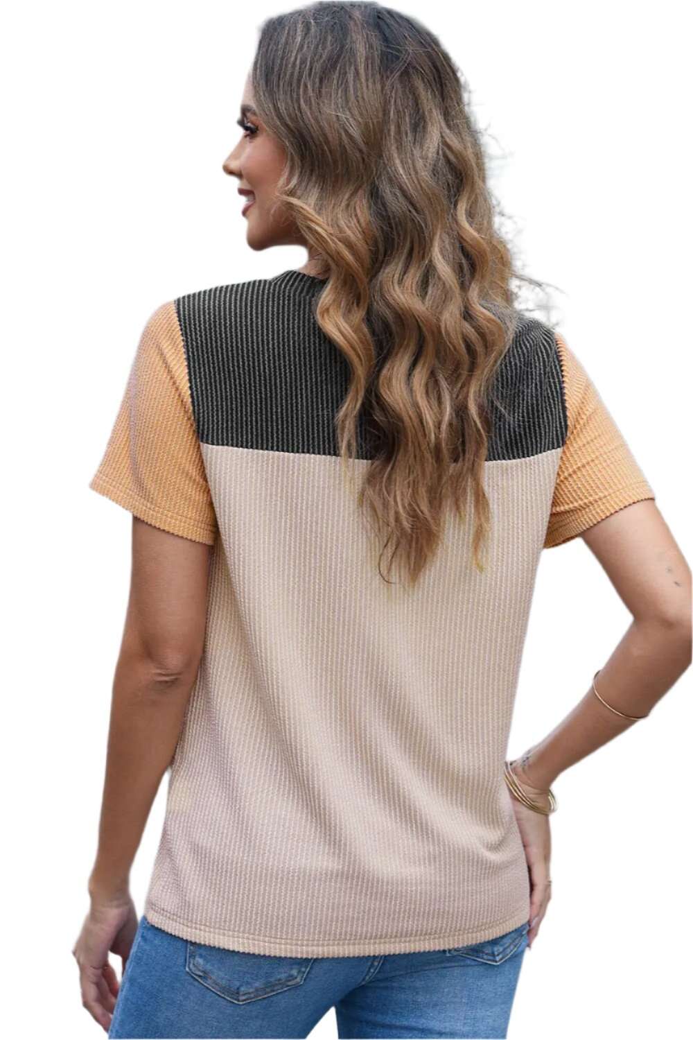 Women Color Block Fashion Short Sleeve Crewneck Knitted Spring Summer Casual Loose T Shirt Top,Short Sleeve T-Shirt - MaribelaShop2