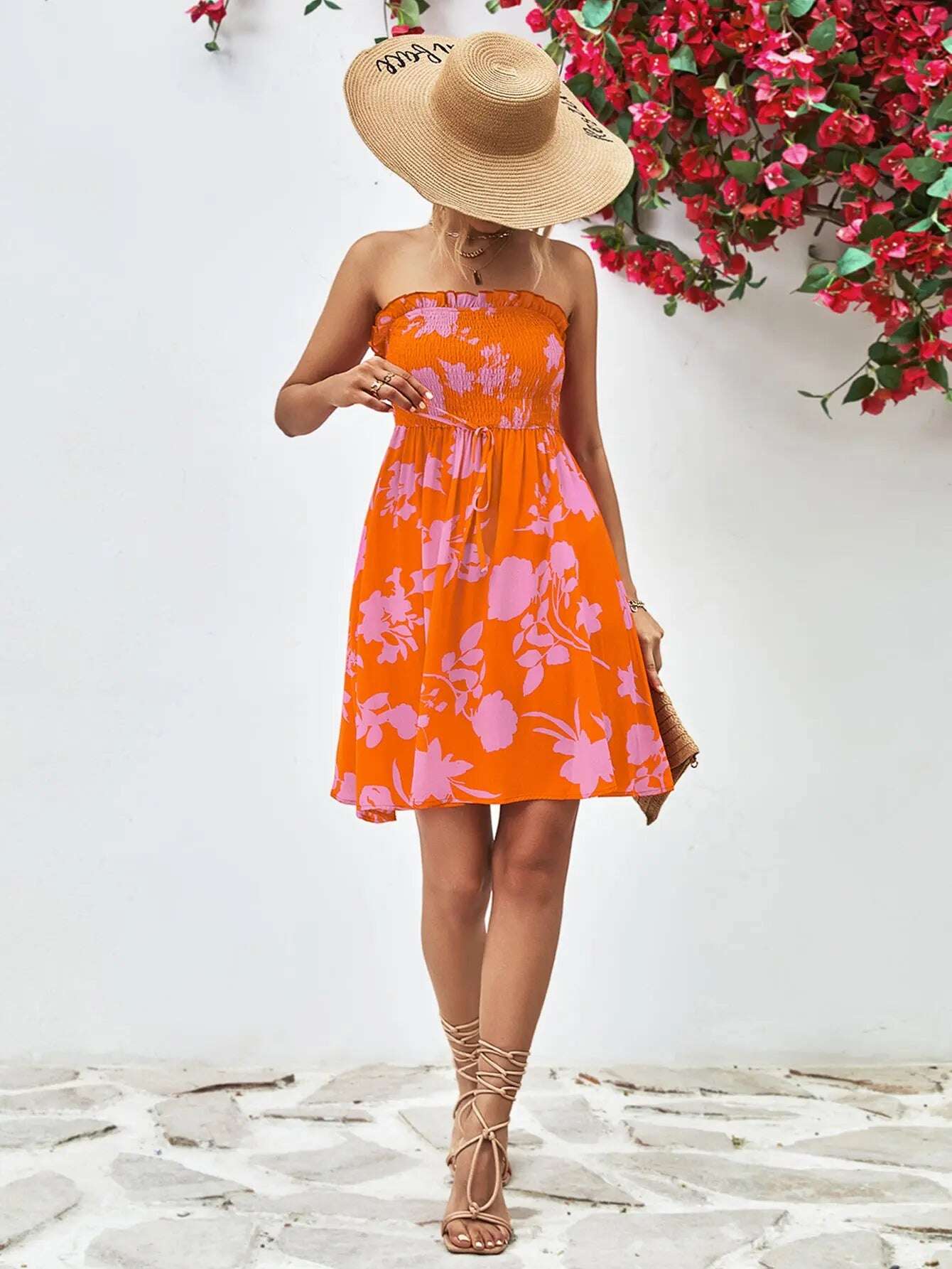 Women Dress Floral Frill Trim Strapless Smocked Dress - MaribelaShop2